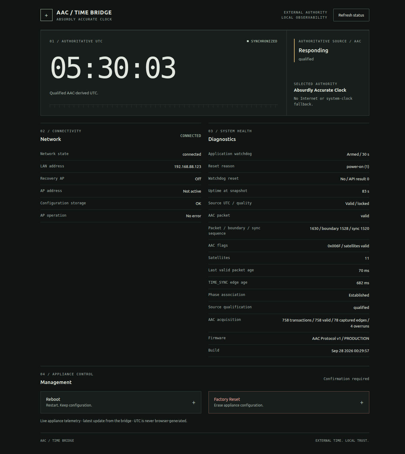 AAC Time Bridge WebUI showing source qualification, network state, and timing diagnostics.
