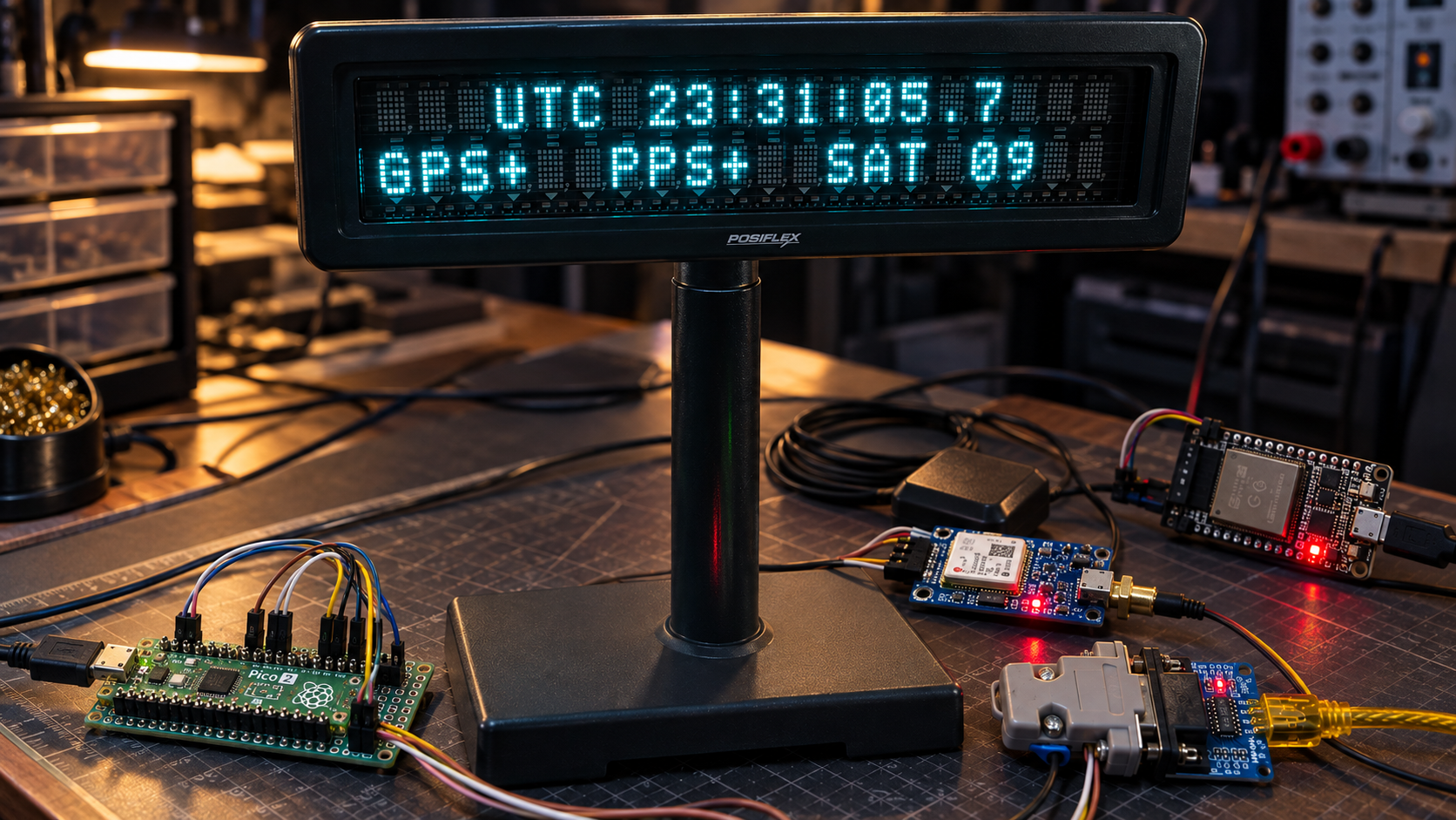 Absurdly Accurate Clock project visualization showing the VFD and prototype electronics on a workbench.