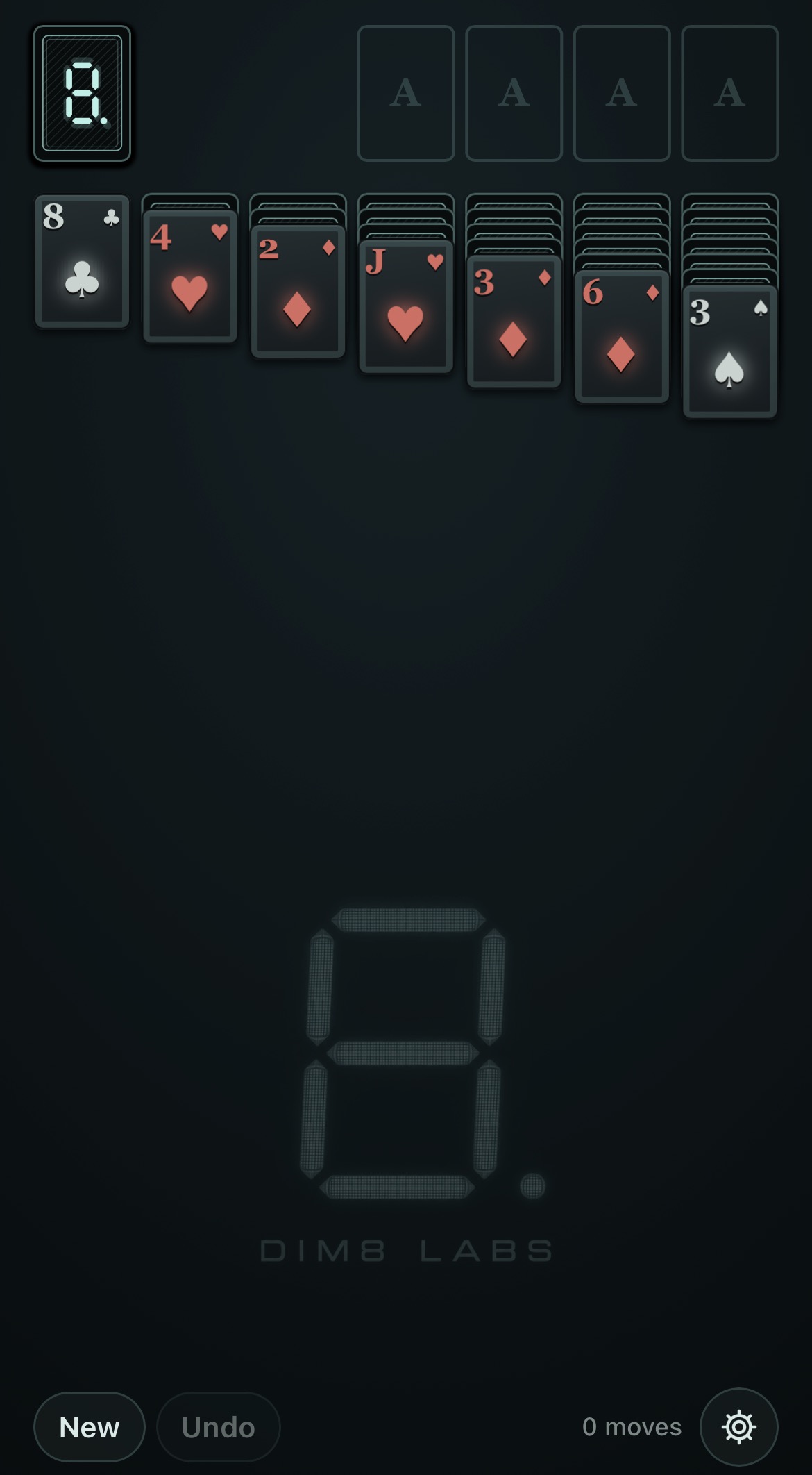 DIM8 dark Solitaire theme with illuminated seven-segment branding.