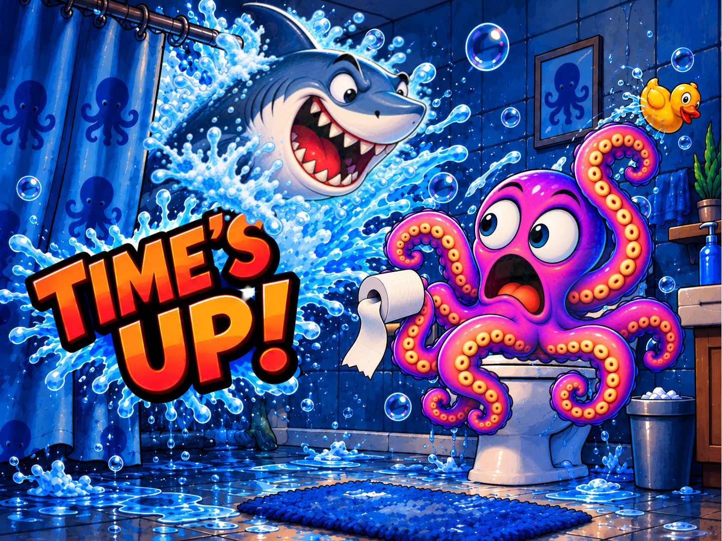Bathroom Clock V2 alarm composition with an alert octopus, submarine, and approaching shark.