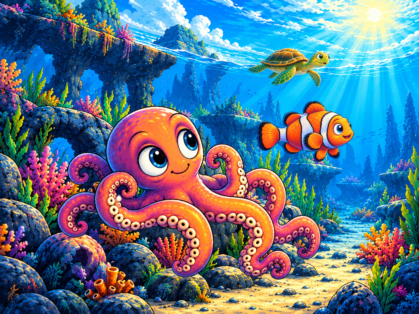Bathroom Clock V2 daytime aquarium scene with an octopus, clownfish, turtle, and coral reef.