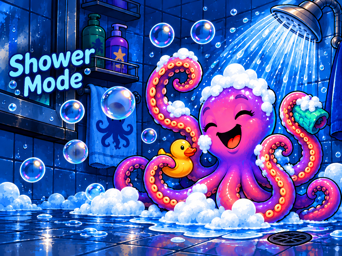 Bathroom Clock V2 Shower Mode composition showing the octopus bathing beneath a shower with bubbles.